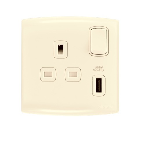 Electrical Switch Socket With USB Charge 13 Amp 7x7 cm Beige, Model ALF | Al Fanar